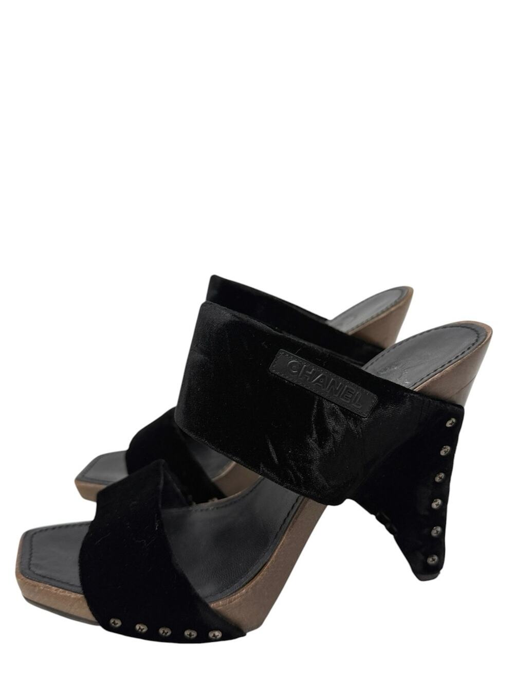 Chanel Vintage Black Velvet Studded Wooden Heel Sandals Size 38